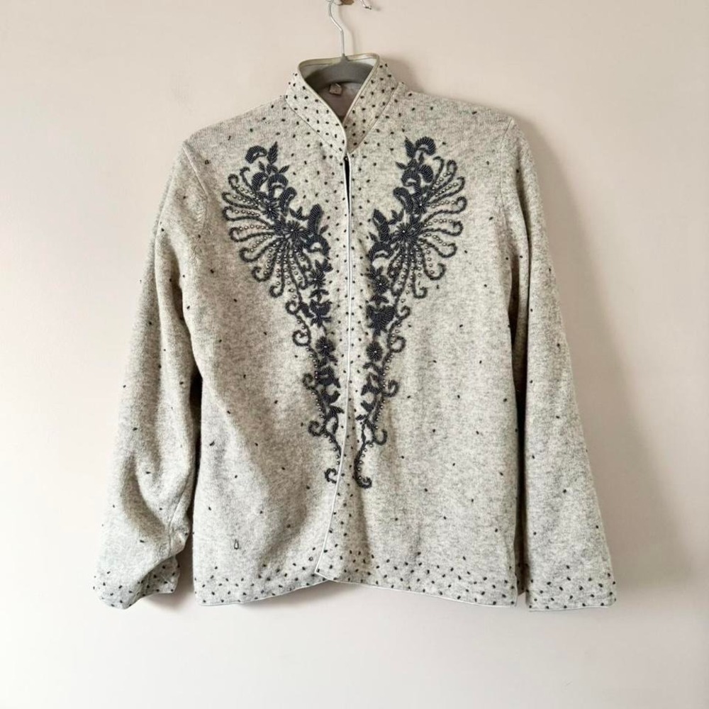 Vintage 1950s Grey + Blue Beaded Cardigan Wool High Neck